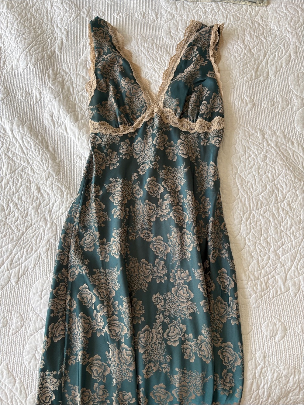 Floral Lace-Trim Slip Dress in Teal and Beige